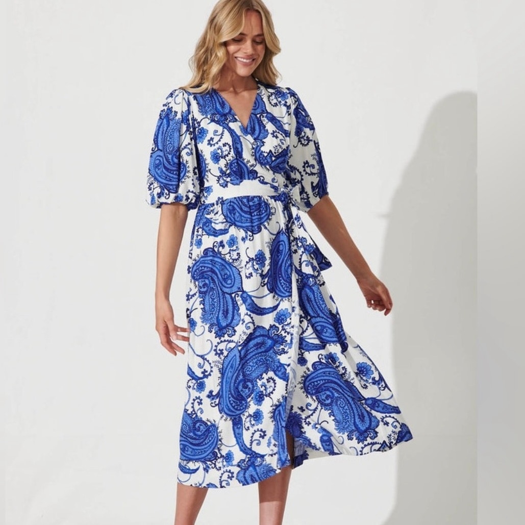 White Closet Nomi Linen Blend Midi Wrap Dress Floral Paisley Puff Short Sleeve